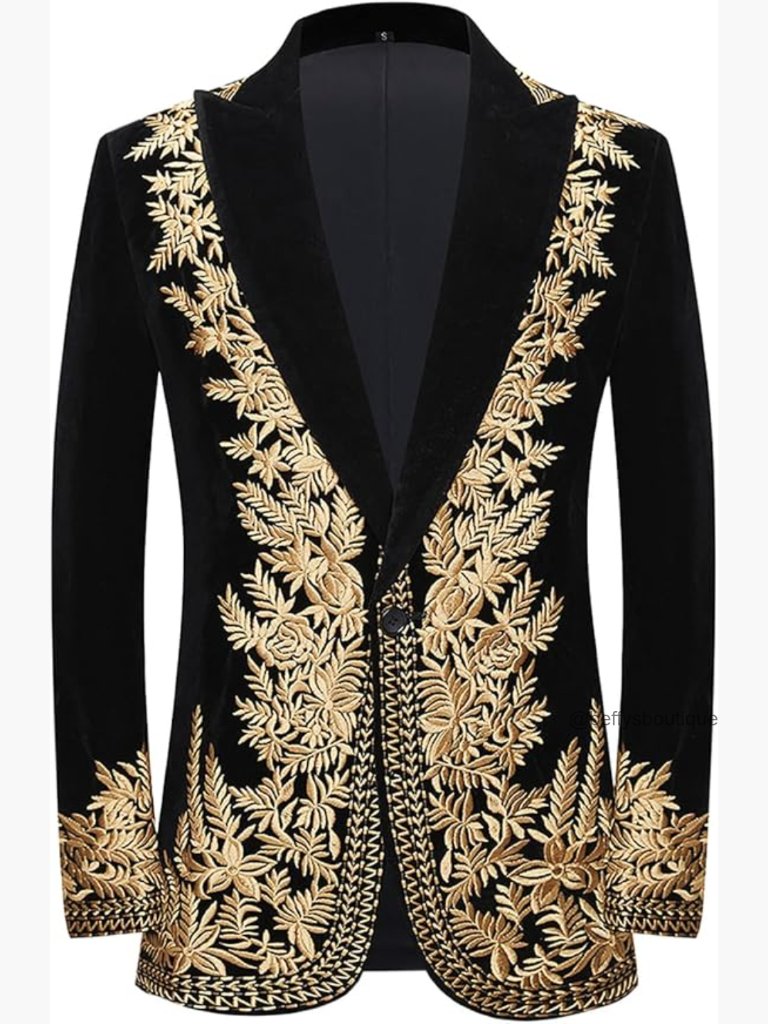 Slim Fit Velveteen Blazer With Floral Embroidery For Wedding Party Prom